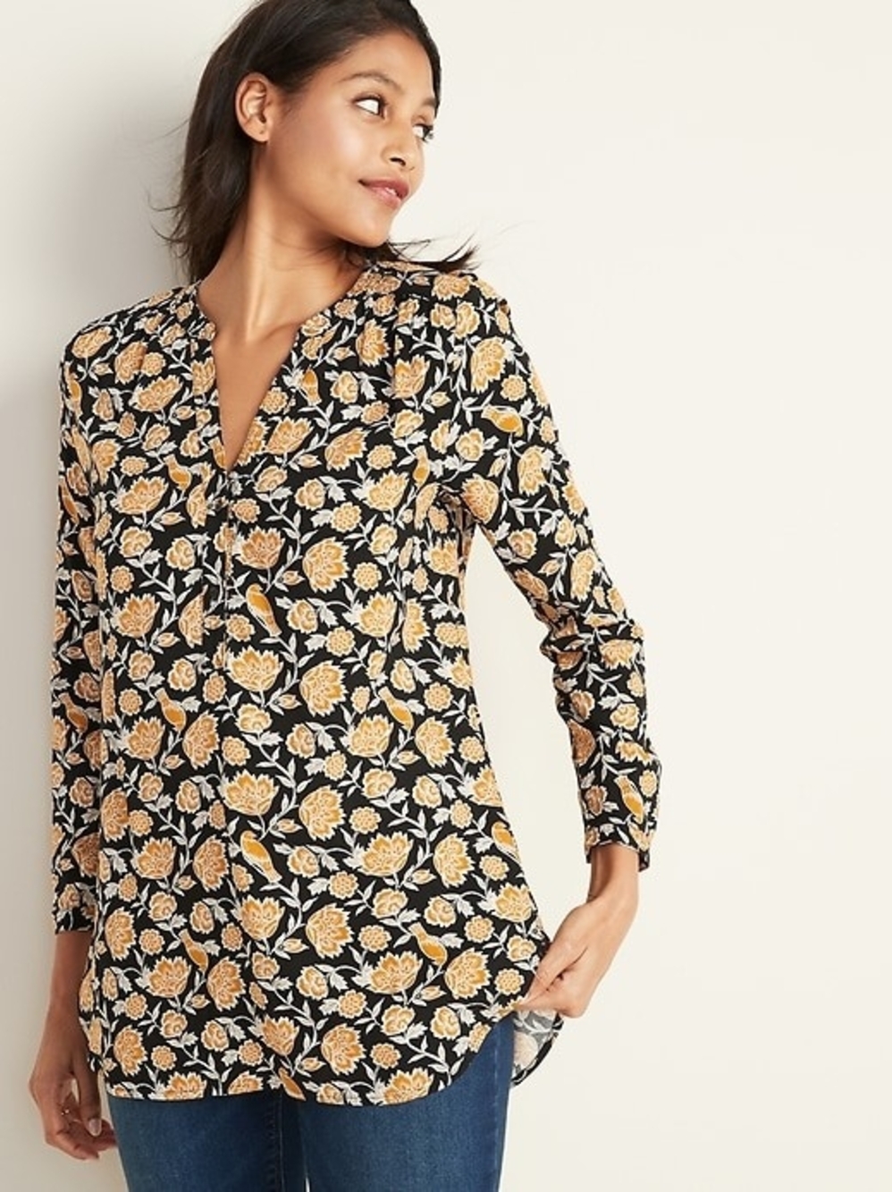 Old Navy Yellow And Black Floral Bird Popover Split-Neck Tunic L
